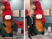 The giant 'gonk' at Cafe Noglish in Boston, and right, Council leader Coun Paul Skinner posing alongside the 9ft creation.