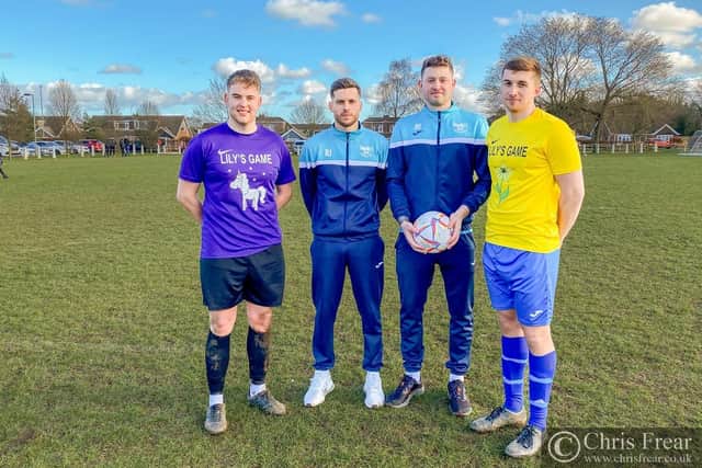 Organisers of Lily's Game from left: Tom McGrath, Ryan Johnson, Lily's dad Josh Harley, and Jordan Flower. Photos: Chris Frear
