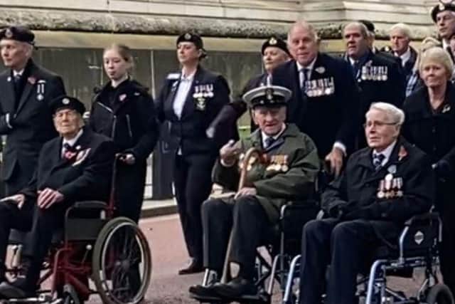 Marching past the Churchill War Rooms on the way back to Horseguard’s Parade Ground on Remembrance Sunday. Donald is on the far left.