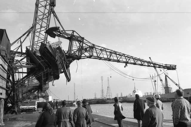 A toppled quayside crane being salvaged at Boston Docks in1981. Gary's dramatic coverage did the headline ‘monster from the deep’ justice.