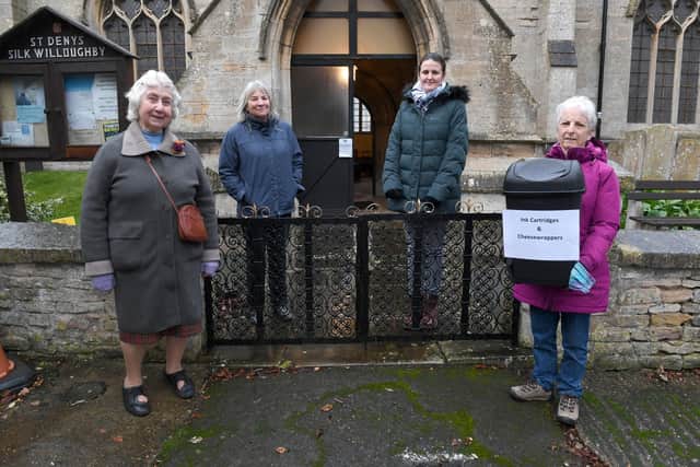 Silk Willoughby Church members had been collecting cheese wrappers and printer cartridges to raise money for a new toilet and servery in the church. from left - Janet Johnson - church warden, Sue Mathieson, Lizzie Potter and Lavinia Hughson.