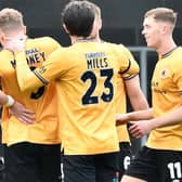 Boston United celebrate during the win over Bishop's Stortford. Pic: Tim Hoff