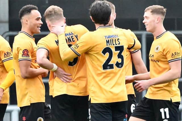 Boston United celebrate during the win over Bishop's Stortford. Pic: Tim Hoff