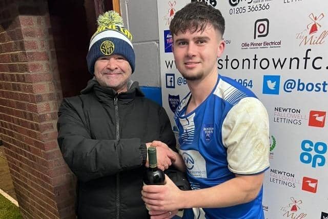 Man of the match Zane Millar and matchday sponsor from Lincolnshire Non-League Radio Darren Trapps.