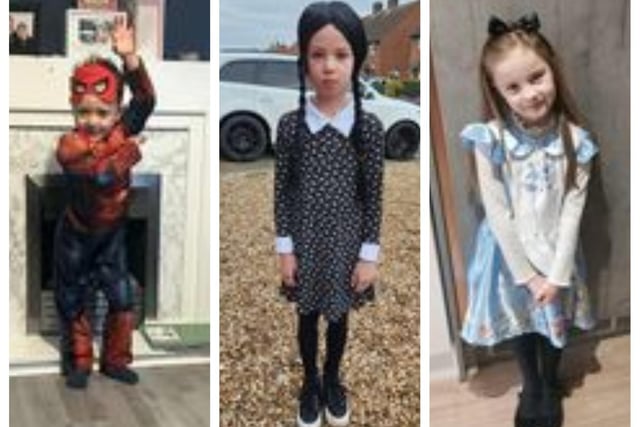 Russell, aged 4, of Sleaford as Spiderman; Delilah, aged 9, from Heckington, as Wednesday Addams; Olivia, aged 6, of Sleaford, as Alice in Wonderland.