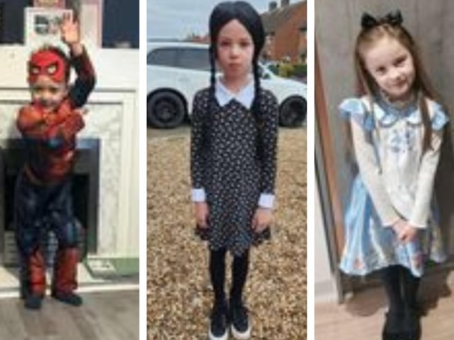 Russell, aged 4, of Sleaford as Spiderman; Delilah, aged 9, from Heckington, as Wednesday Addams; Olivia, aged 6, of Sleaford, as Alice in Wonderland.
