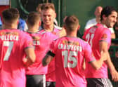 Boston United's players celebrate a job well done. Pic by Tim Hoff.