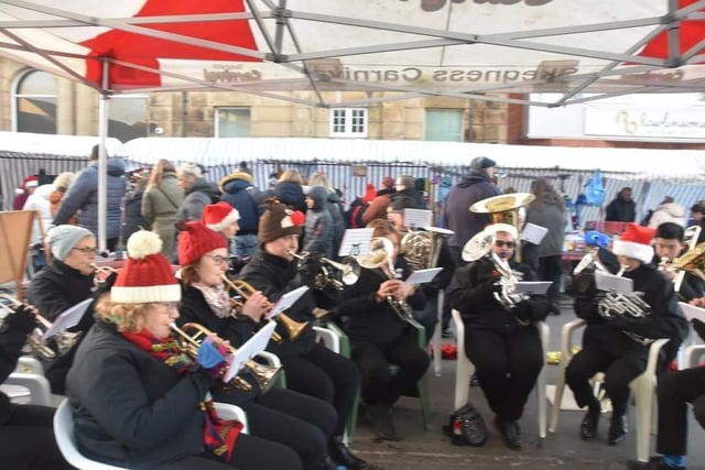 Skegness Silver Band playing at the Christmas market in Lumley Avenue.