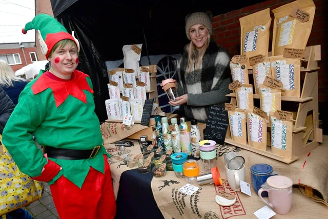 James Pell (elf) with Amy Wilkinson of Woodrows Tea Company, Southwell. Millstream Square