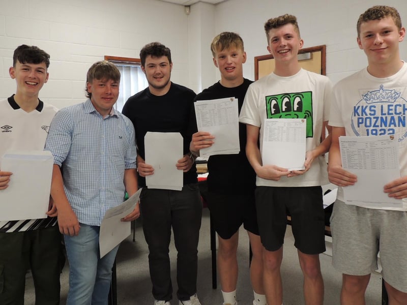 GCSE results day at Carre's Grammar School. From left - Freddie Adcock, Ryan Bancroft, Charlie Cook, Joe Foston, Finn Moss and Noah Wilkinson.