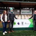 From L to R: Gillian Keegan MP, Andy Bell, Chair of Chichester City FC, Bill Bush, Senior Advisor, Premier League, Sports Minister Stuart Andrew, Dean Potter, Director of Grant Management Football Foundation.