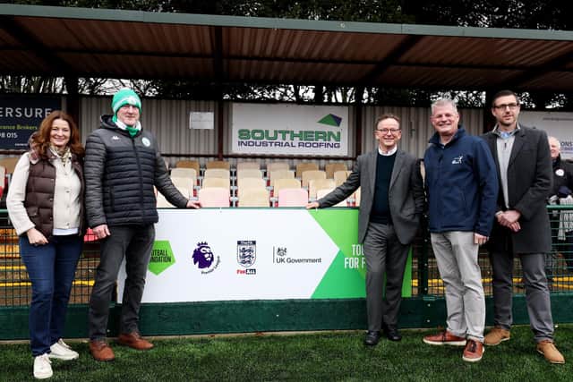 From L to R: Gillian Keegan MP, Andy Bell, Chair of Chichester City FC, Bill Bush, Senior Advisor, Premier League, Sports Minister Stuart Andrew, Dean Potter, Director of Grant Management Football Foundation.