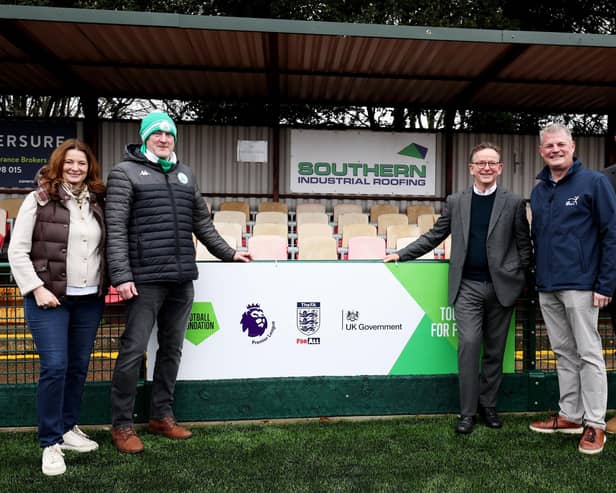 From L to R: Gillian Keegan MP, Andy Bell, Chair of Chichester City FC, Bill Bush, Senior Advisor, Premier League, Sports Minister Stuart Andrew, Dean Potter, Director of Grant Management Football Foundation.