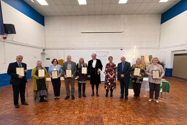 Recipients of the High Sheriff Awards pictured l-r Roy McKinney, Judith Coe, Irene Astbury, John Smith, Belinda Darby, David Chambers DL (High Sheriff of Lincolnshire), Sue Fortune (CEO, Lincolnshire Community Foundation), Paul Scott, Andrea Houghton, Judith Everitt  Also awarded but not pictured Fiona Lightfoot