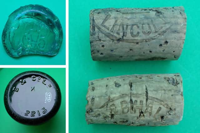 TOP LEFT: Bottle base showing the Arnold & Co. monogram. BOTTOM LEFT: Bottle base showing the Batey & Co. logo. RIGHT: Corks embossed with 'A&B HALL LINCOLN'.