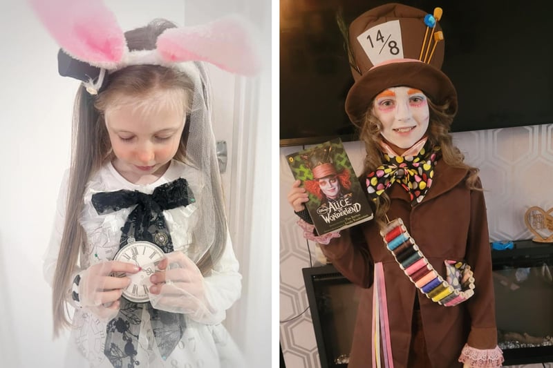 Alice Rolfe, seven, as the White Rabbit, and Lola Epton, 10, as The Hatter.
