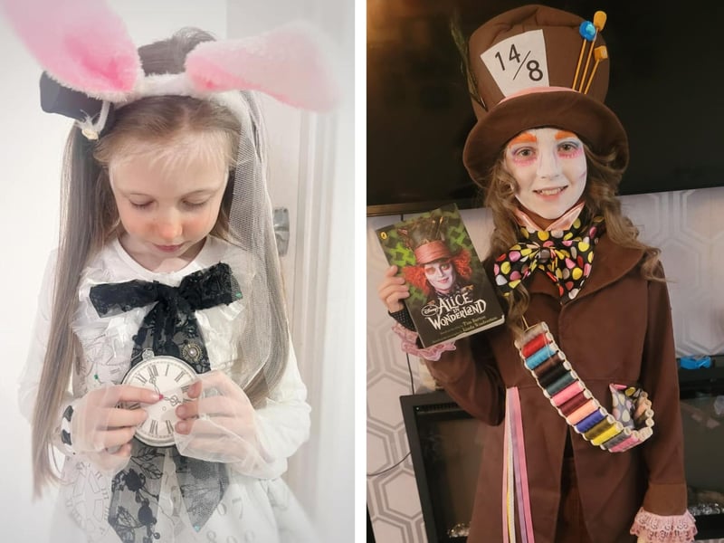 Alice Rolfe, seven, as the White Rabbit, and Lola Epton, 10, as The Hatter.