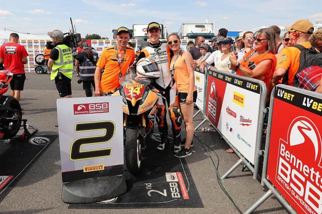 Aaron Silvester (centre) celebrates his second-place finish at Thruxton. Photo: MotoAero Photography