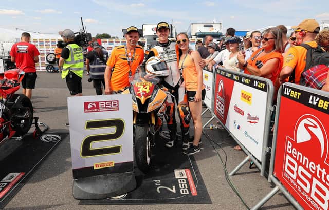 Aaron Silvester (centre) celebrates his second-place finish at Thruxton. Photo: MotoAero Photography