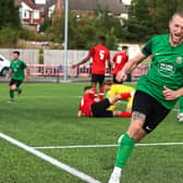 Ryan Rushen turns away after scoring Sleaford's goal. Photo: Steve W Davies Photography.