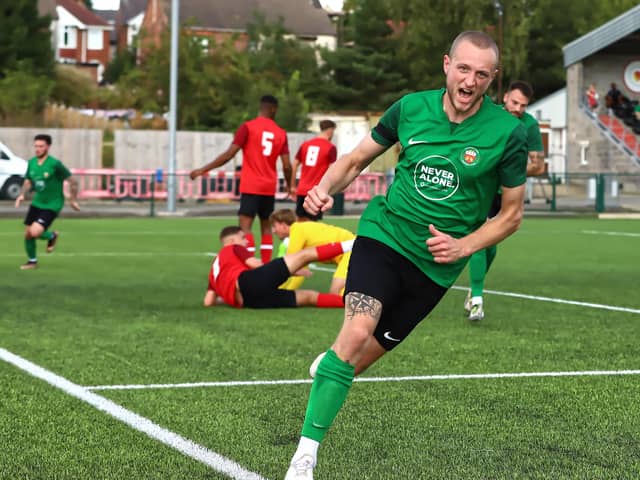 Ryan Rushen turns away after scoring Sleaford's goal. Photo: Steve W Davies Photography.