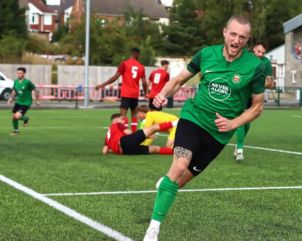 Ryan Rushen turns away after scoring Sleaford's goal. Photo: Steve W Davies Photography.