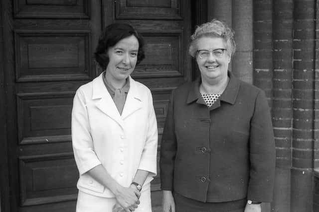 Mary Webb (left) with her predecessor Miss E. D. Thomas, who retired as headteacher at Boston High School after 22 years in the role in 1968.