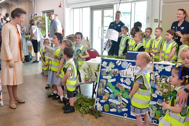 Princess Anne being introduced to staff and pupils of Dunston St Peter's school at the show's schools challenge area.