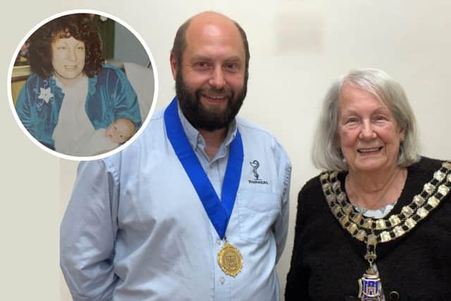 Then and now: Horncastle Mayor, Coun Fiona Martin, with her son - deputy Mayor, Coun James Martin. Inset: Fiona and baby James in 1986. Image courtesy of the Horncastle Then & Now book.