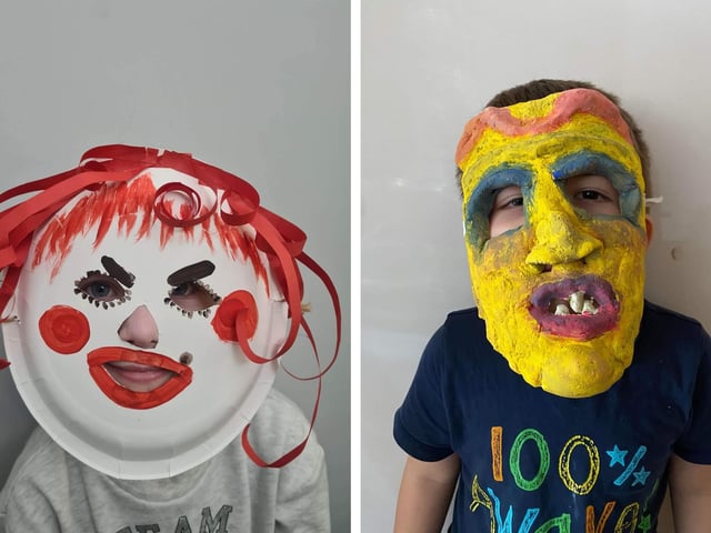 Two of the masks made by Lithuanian children in Boston for the upcoming festival.