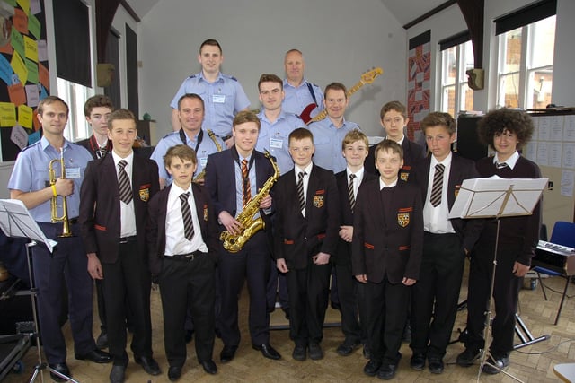 Pupils at Carre's Grammar School taking part in a jazz workshop with members of RAF Cranwell's Band of the RAF College.
