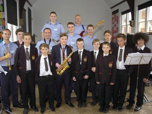 Pupils at Carre's Grammar School taking part in a jazz workshop with members of RAF Cranwell's Band of the RAF College.