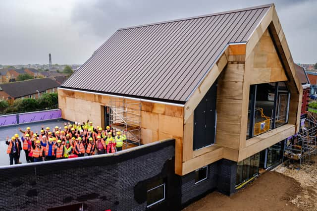 The topping out ceremony at the Campus for Future Living.  Photo credit: Lindum Group