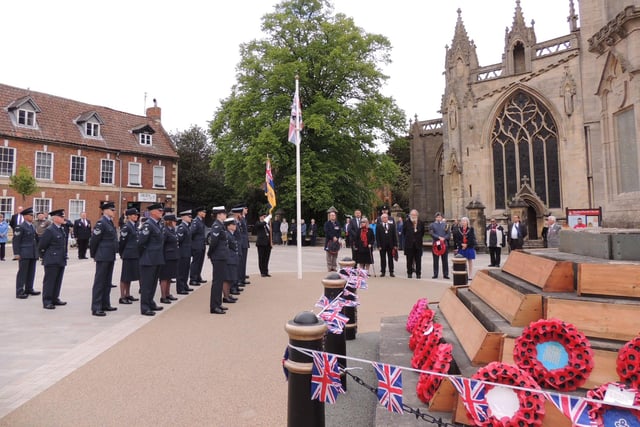 Armed forces and civic dignitaries gathered for the VE Day event.