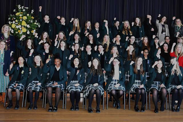 Staff and students celebrate their Ofsted success at Kesteven and Sleaford High School. Photo: KSHS)