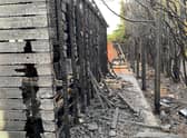 The fire damage to one of the resident's large sheds and fence, with the burnt row of conifers lining the ditch to the right of the image.