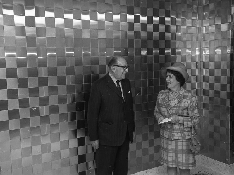 Coun Margaret Haworth with Mr R. W. D. Hydes, managing director of Stainless Steel Tile Company, of Sheffield, suppliers of the small, stainless steel tiles.