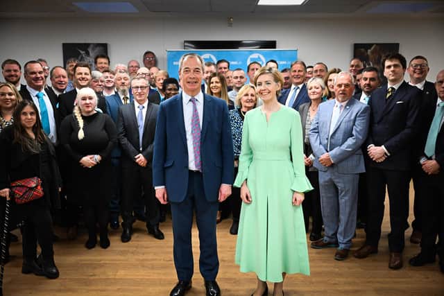 Reform leader Nigel Farage and mayoral candidate Andrea Jenkyns with the party's candidates for Lincolnshire County Council Credit: Reform UK