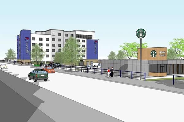 A view along the seafront of plans for a new Travelodge and Starbucks cafe on South Parade, Skegness.