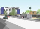 A view along the seafront of plans for a new Travelodge and Starbucks cafe on South Parade, Skegness.