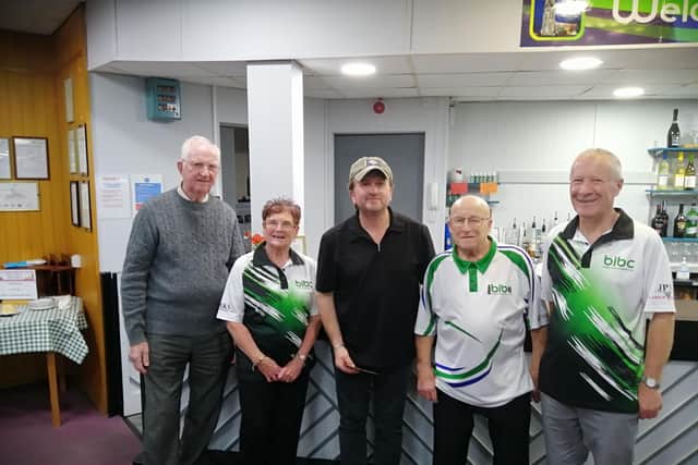 Sponsors Bill and Margaret Daubney with triples winners David Allen, John Clark and David Richardson
