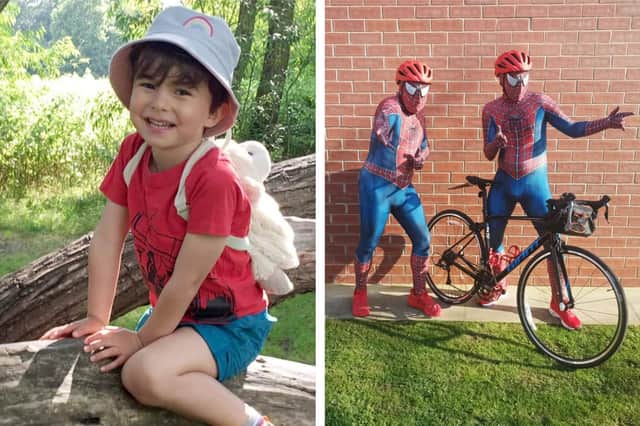 LEFT: Elliott Peto, who sadly died in December from rhabdomyosarcoma, aged just five. RIGHT: Elliott's dad Chris and Chris' brother-in-law Gareth Elwick as they will be dressed for their fundraiser.
