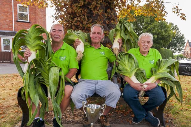 Prizewinners at the 29th Annual Tetney Leek Club Show were Paul Major (2nd Prize), Greg Johnson (1st Prize), and Nick Lammin (3rd Prize). Photo by Chris Frear.