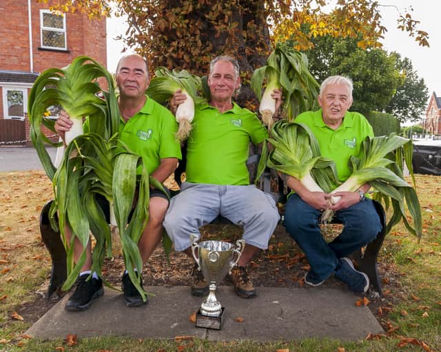 Prizewinners at the 29th Annual Tetney Leek Club Show were Paul Major (2nd Prize), Greg Johnson (1st Prize), and Nick Lammin (3rd Prize). Photo by Chris Frear.