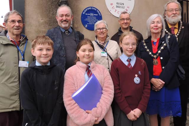 Guests and Civic Trust members at the unveiling including Rev Dominic Grant (third from left) Mayor Coun David Suiter and Deputy Mayor Coun Alison Snookes. Photo: AH