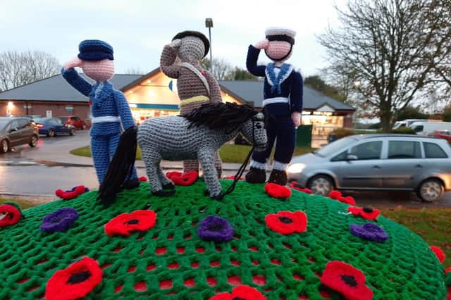 The Remembrance Day knitted tribute anonymously left in Old Leake. Photo by James Shanks.
