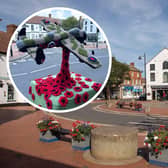 The crocheted and knitted topper created for Remembrance Day (inset). Main image: Spilsby town centre.