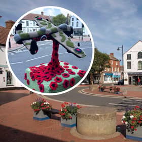 The crocheted and knitted topper created for Remembrance Day (inset). Main image: Spilsby town centre.