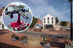 The crocheted and knitted topper created for Remembrance Day (inset). Main image: Spilsby town centre.