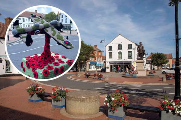 The crocheted and knitted topper created for Remembrance Day (inset). Main image: Spilsby town centre.